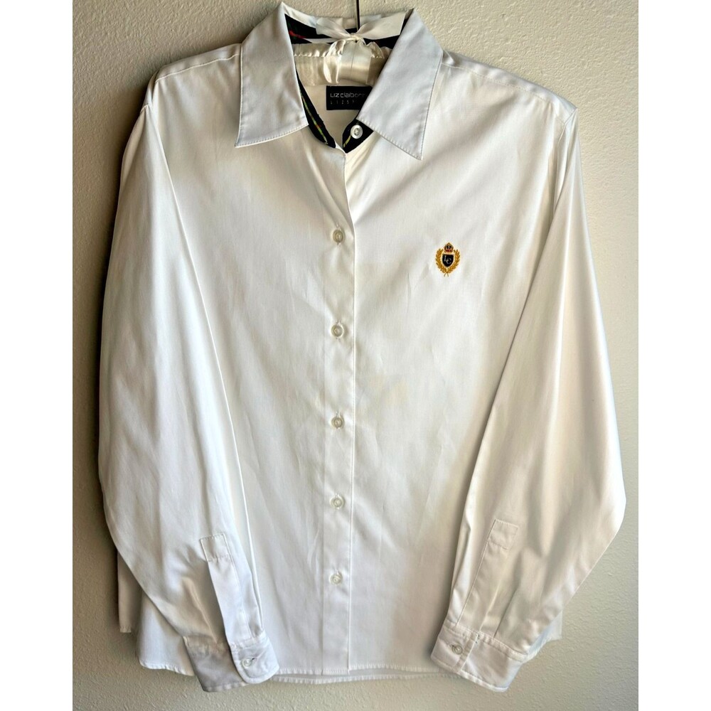 Vintage Liz Claiborne Sport White Button Up Shirt Medium Plaid Trim Cotton